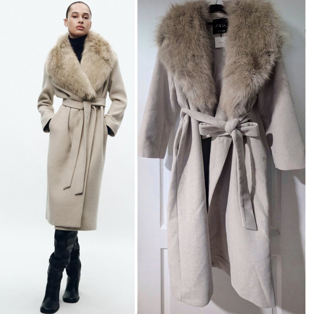 Zara Cream Trench Coat with Faux Fur Collar